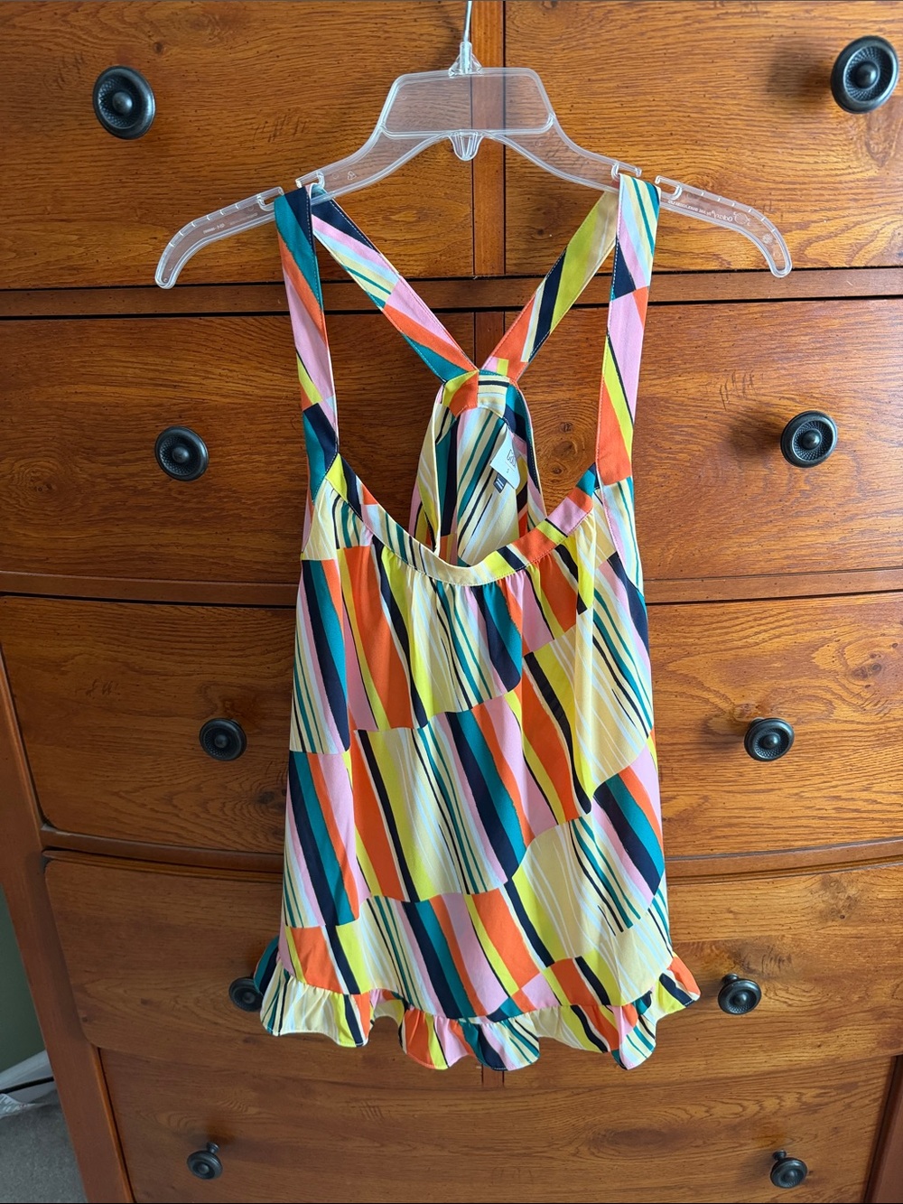 CAbi Multicolor Striped Ruffle-Trim top.